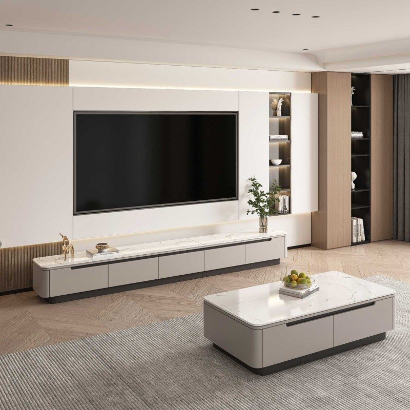 全实木2024新款轻奢现代简约茶几电视柜组合意R式大小户型客厅岩