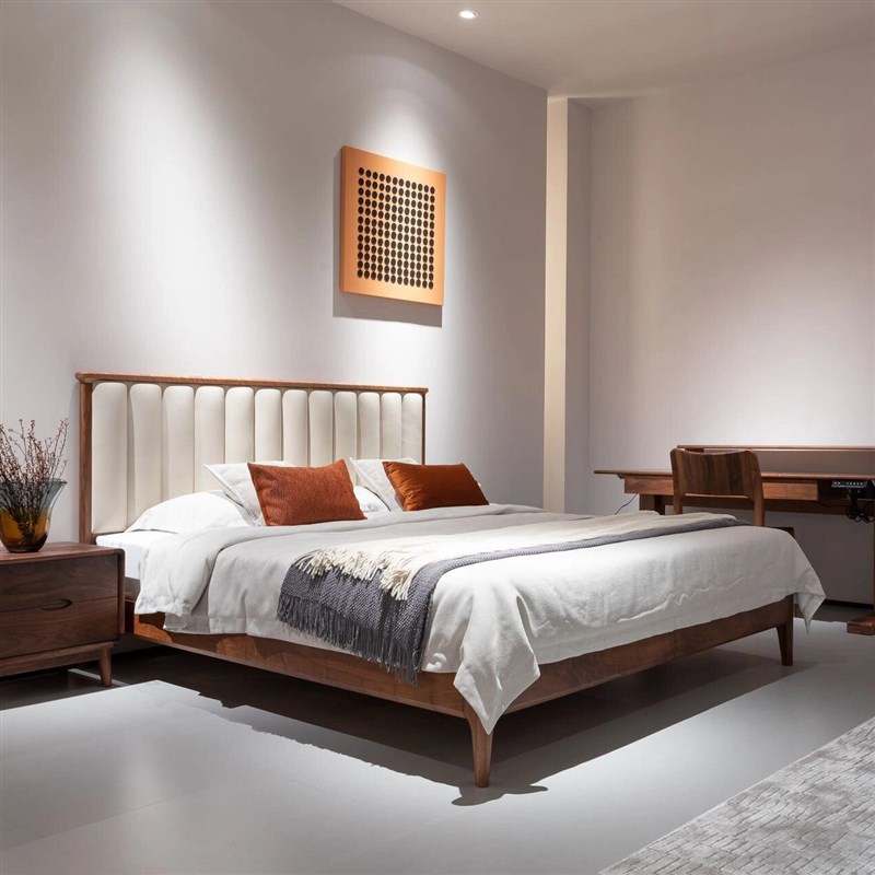 北美黑胡桃木实木床主卧家用现代简约轻奢大床1Q.8米双人软包婚床