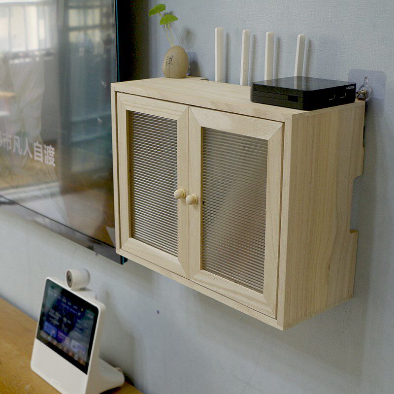 挂墙多媒体信息遮挡箱免打孔实木路由器光猫wifi置物架插座集线盒