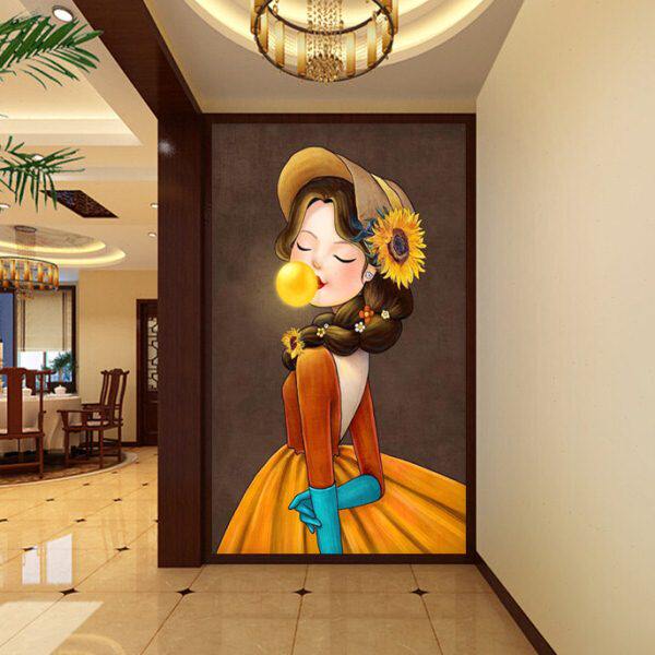 走廊过道玄关壁画欧式进门墙3d壁纸抽象艺术油画女孩无纺布墙纸8d