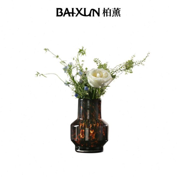 玻璃花瓶透明插花水养琥珀色豹纹圆柱形复古法式茶色轻奢高级感