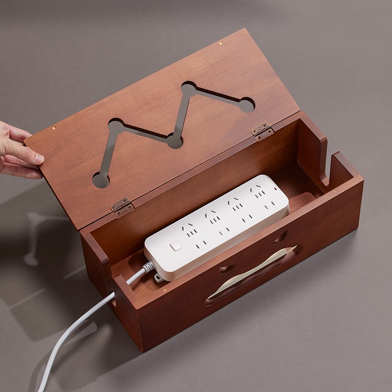 创意复古插线板收纳盒无线路由器置物架实木充电排插数据线隐藏箱