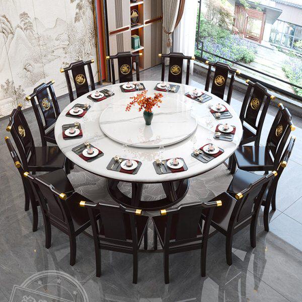 新中式全实木岩板圆桌转盘10人家用大理石圆形餐桌椅组合吃饭桌子