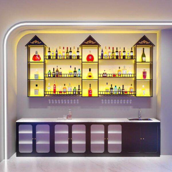 餐厅酒吧吧台酒水展示架悬挂上墙红酒柜酒杯收纳架现代发光置物架