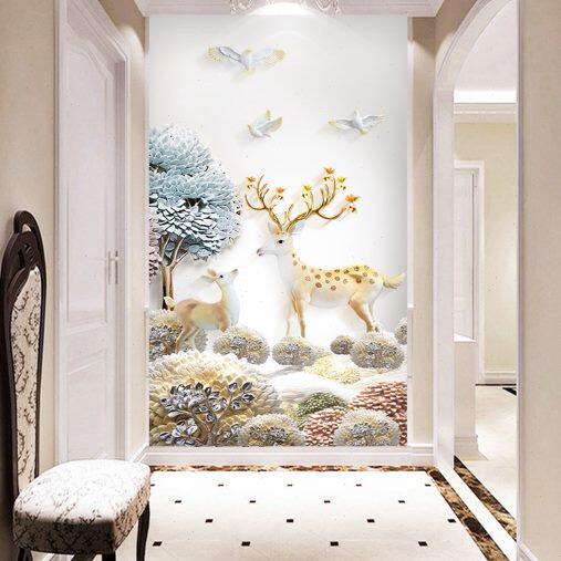 现代简约5D浮雕立体发财树麋鹿3d墙布玄关走廊8d壁画背景墙壁纸