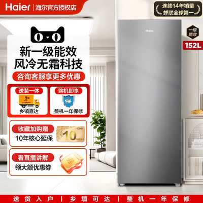 海尔152L立式冰柜小型家用冷柜冷冻风冷无霜一级能效抽屉式侧开门