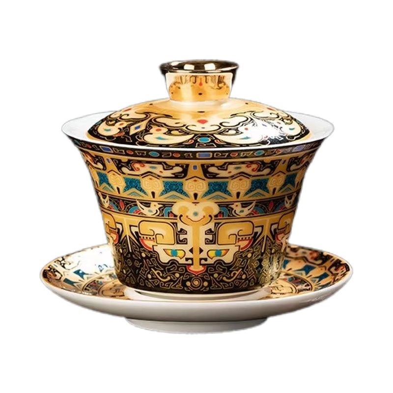 唐卡悬停盖碗可旋转描金中式家用办公会客轻奢W高档泡茶盖碗