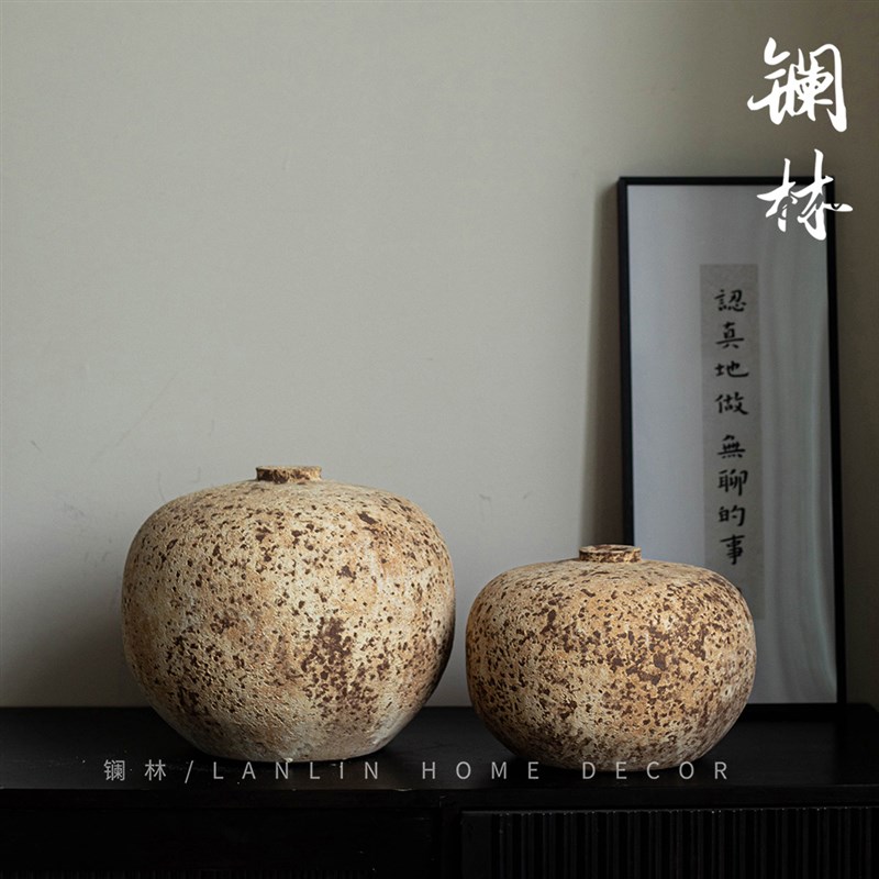 侘寂风粗陶罐民宿插花复古陶瓷y花瓶新中式酒店插干花陶泥禅意摆
