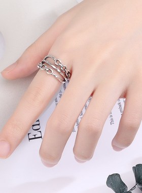 s925纯银锁链链条戒指韩版简约复古做旧时尚个性男女食指戒