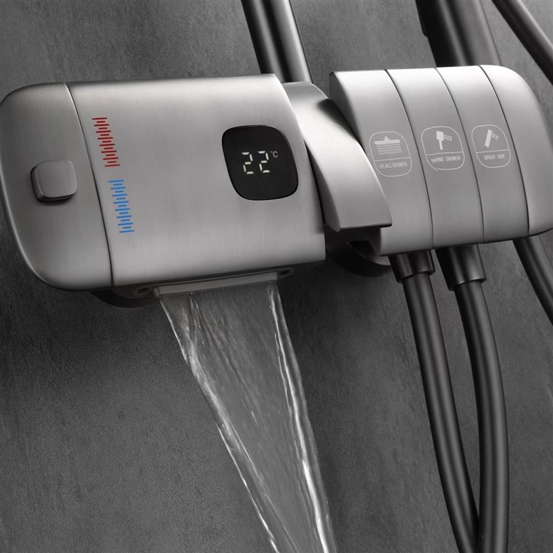 网红高端枪灰色电灯开关面板式航母恒温数显淋浴花洒套装四档增压