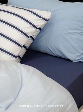 造卧zwow四季款撞色蓝色系条纹针织棉A类裸睡床品床单四件套