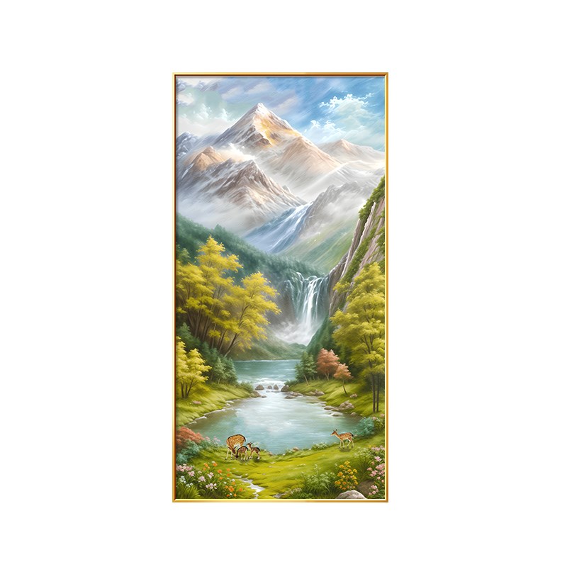 聚宝盆玄关装饰画小鹿大芬村油画欧式靠山图客厅竖版山水风景挂画图片