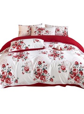 印花婚庆四件套红色喜被床单被套1.8m床笠款结婚陪嫁床上用品