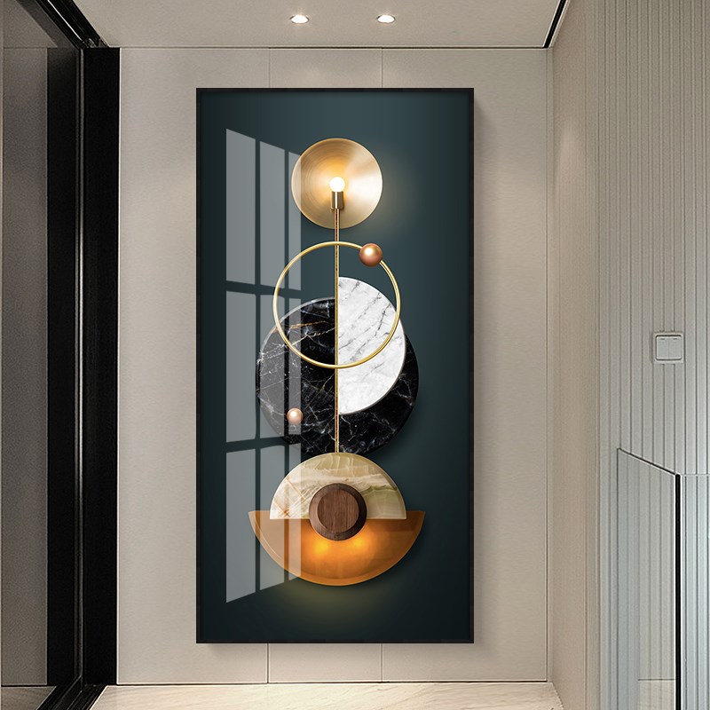 走廊玄关楼梯大厅背景装饰画现代轻奢几何挂画金色光影立体感壁画图片