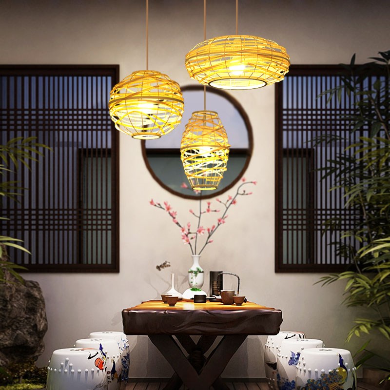 田园餐饮吊灯竹编灯饰茶室楼梯间餐饮店卡座吊灯创意W个性竹艺吊