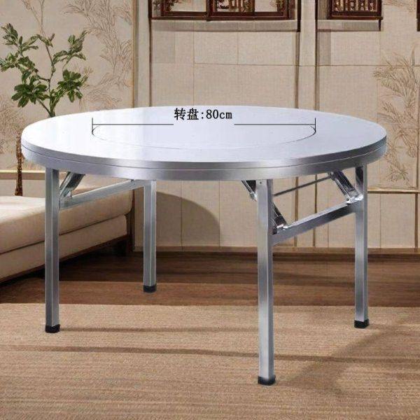 家用304不锈钢加厚圆形餐桌内置转盘电磁炉可折叠饭店多用火锅桌