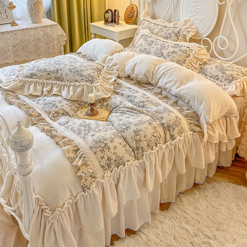 法式田园加厚牛奶绒床上四件套珊瑚绒G公主风褶皱花边被套仙女床