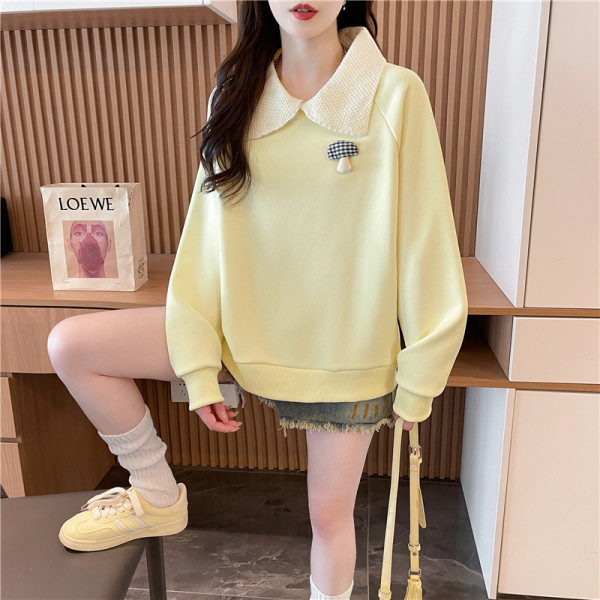 黄色娃娃领毛衣女2025秋冬新款设计感宽松撞色翻领针织衫女装上衣