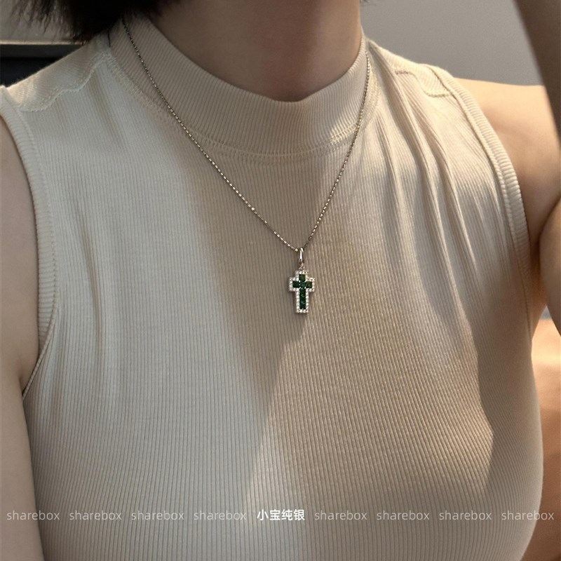 7.26小宝首发浮力Sr925银精工白锆绿锆十字吊坠针式抽拉项炼