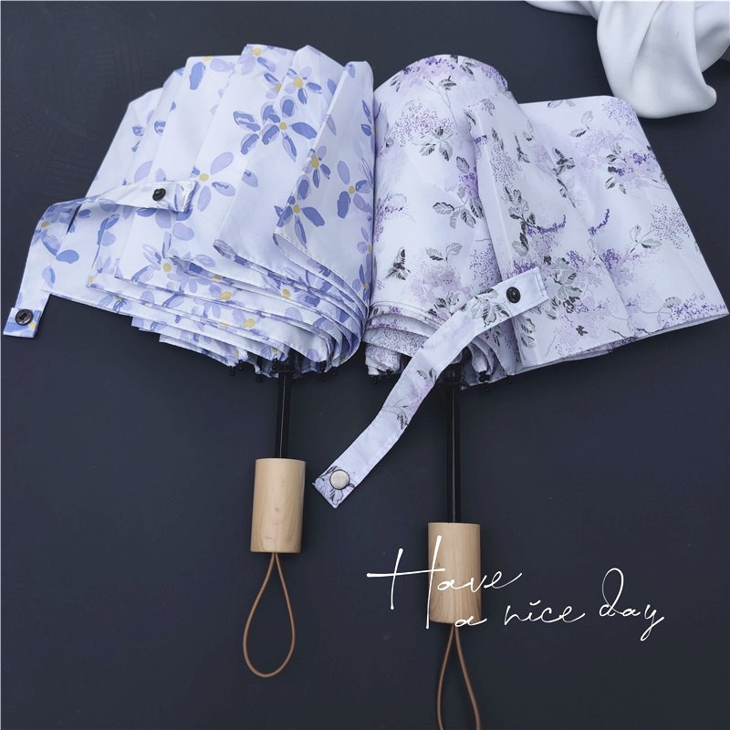 温婉气质淡蓝茶白小碎花折叠雨伞淡淡紫藤文艺抗风手Z动三折雨伞