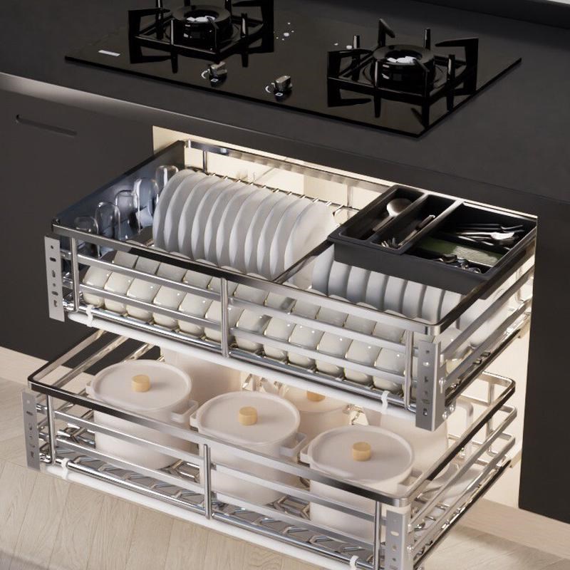 拉篮厨房橱柜调味料304不锈钢碗D碟架双层抽屉式滑轨收纳碗篮拉蓝