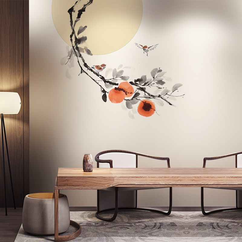 现代中式素雅意境水墨圆月柿子z沙发背景墙纸壁布卧室装饰定制壁