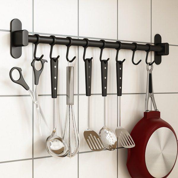 免打孔厨房挂杆壁挂不锈钢吸壁式多功能活动挂钩式排钩置物杆挂架