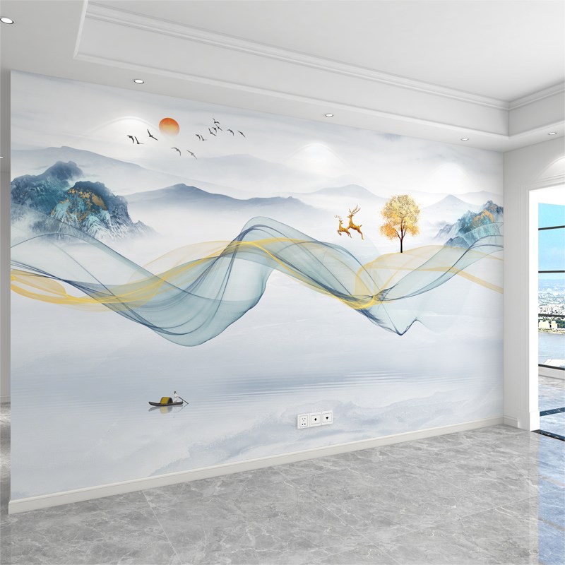 电视背景墙壁纸定制新中式山水壁画3d立体无缝壁布8D客.厅影视墙