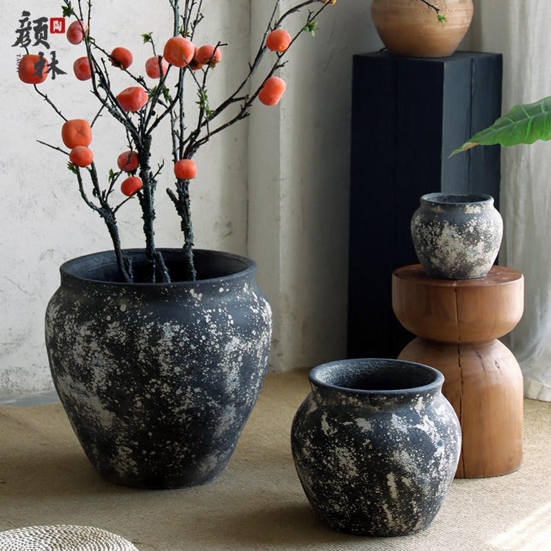 复古水泥大肚陶罐花园庭院绿植大花盆简约百搭商场酒Y店装饰摆件