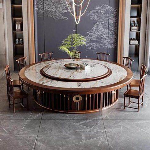 酒店电动餐桌 新中式岩板电动大圆桌 大理石自动转盘电磁炉火锅桌