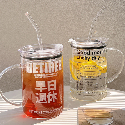 大容量玻璃杯女1000ml带把手水杯带盖家用耐高温吸管杯Z子夏天女