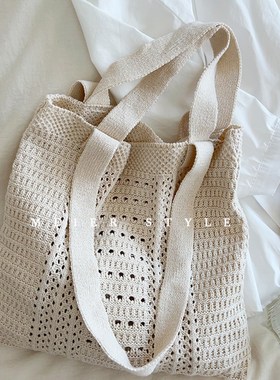 韩风inas镂空编织单肩包文艺针织大容量托特包休闲毛线包手提包女