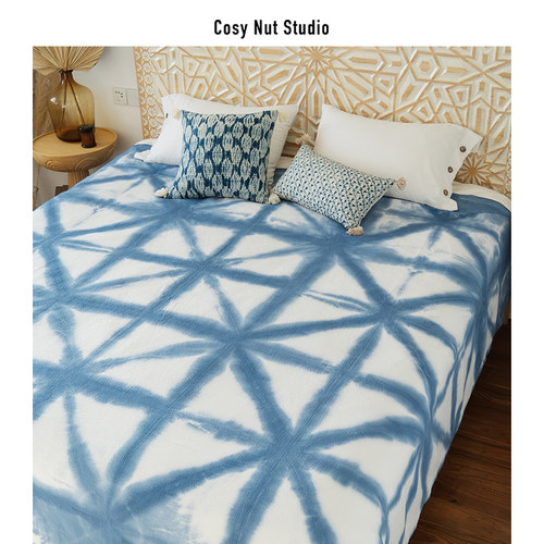 慢松球优选 g手工扎染床盖 蓝色薄被空调被毯子民宿样板间床旗盖