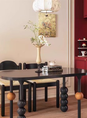 中古风实木餐桌家用小户型餐厅长方形法式P复古白蜡木黑色饭桌