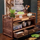 北美黑胡桃木茶具收纳架双层博古架带抽屉中式 实木紫砂茶壶置物架