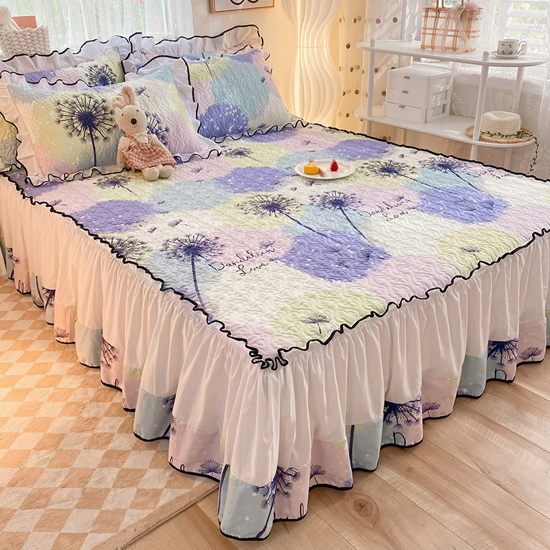 加厚磨毛夹棉缝j纫床裙床罩单件防滑垫子四季花边床单三件套四件