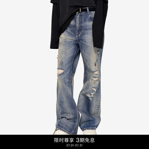 OFF-WHITE™情侣装新款破洞牛仔裤时尚街头磨白做旧长裤仔裤