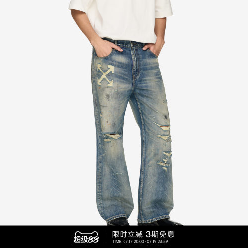 OFF-WHITE™情侣装新款破洞牛仔裤时尚街头磨白做旧长裤仔裤
