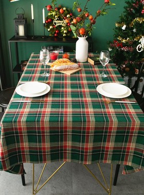 圣诞节新年桌布 棉m麻喜庆装饰绿格子餐布红色绿色台布定制北欧风