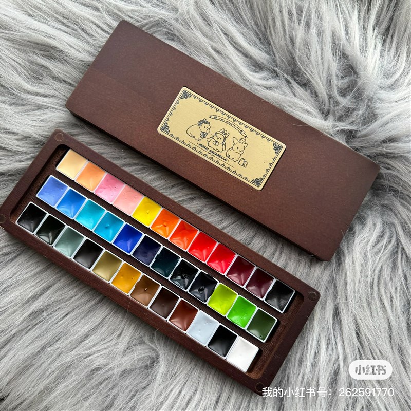 胡桃木水彩颜料木盒36色72色双层分装盒复古文艺摆拍颜.料收纳盒