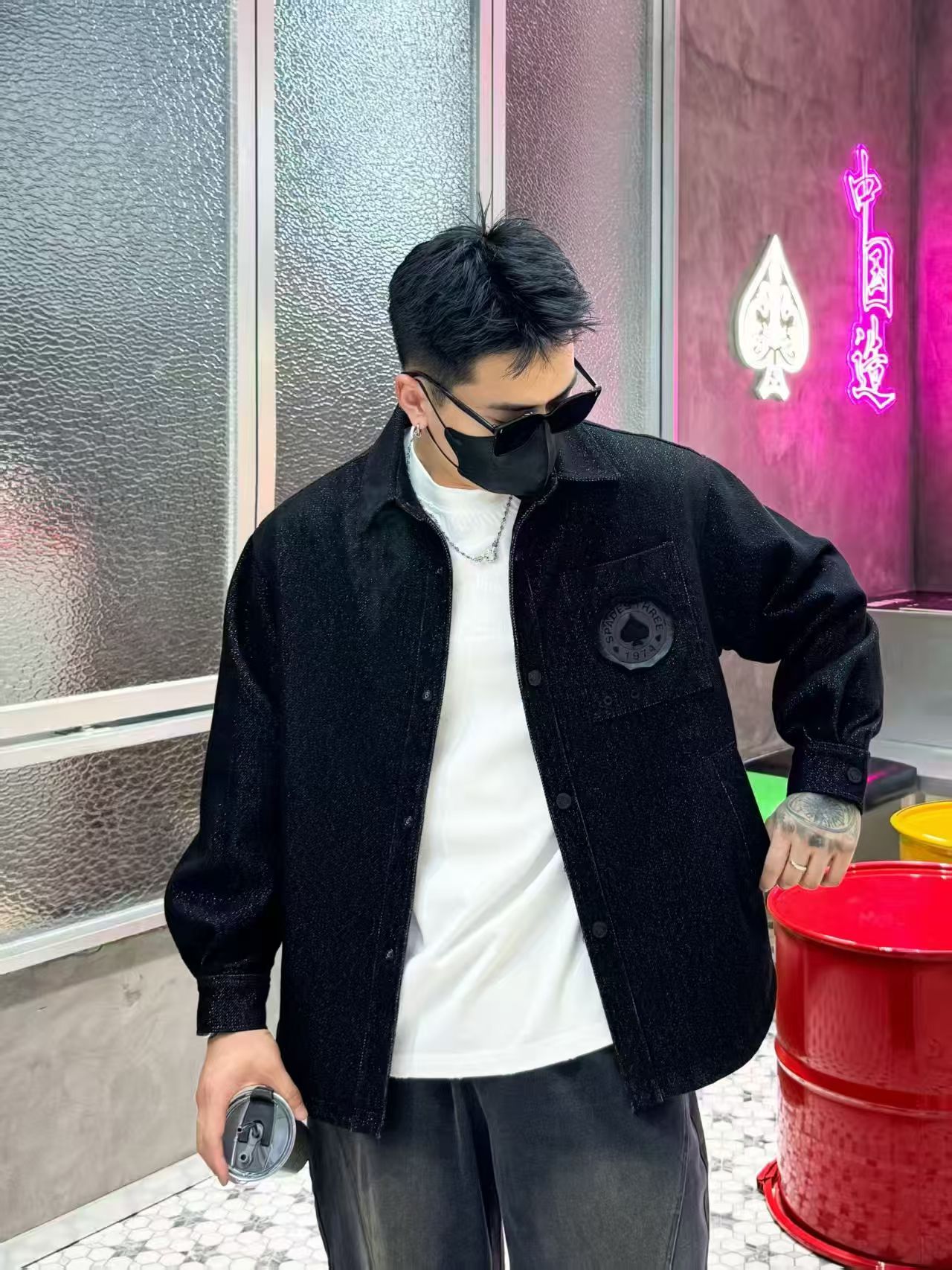 美式潮牌加肥加大码宽松棒球服男潮胖子拼接外套加厚牛仔衬衫外套