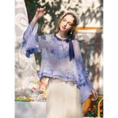 印花雪纺衫 梵高赫拉小姐 绑带荷叶边喇叭袖 新款 2026春季