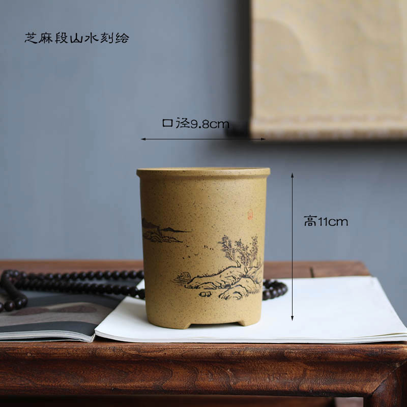 紫砂花盆圆形小笔筒盆精品全手z工芝麻段泥名家刻绘多肉兰花盆景