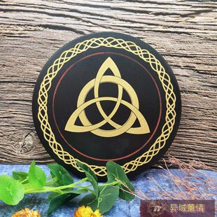 木质手工雕刻凯尔特结摆件金黑色几何图案水晶摆件蜡烛托盘杯垫