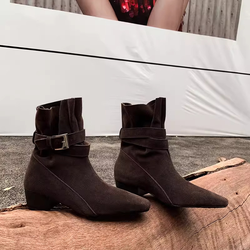 牛皮版~秋冬新款复古褶皱方头时装靴女套筒百搭皮带扣粗跟短靴女