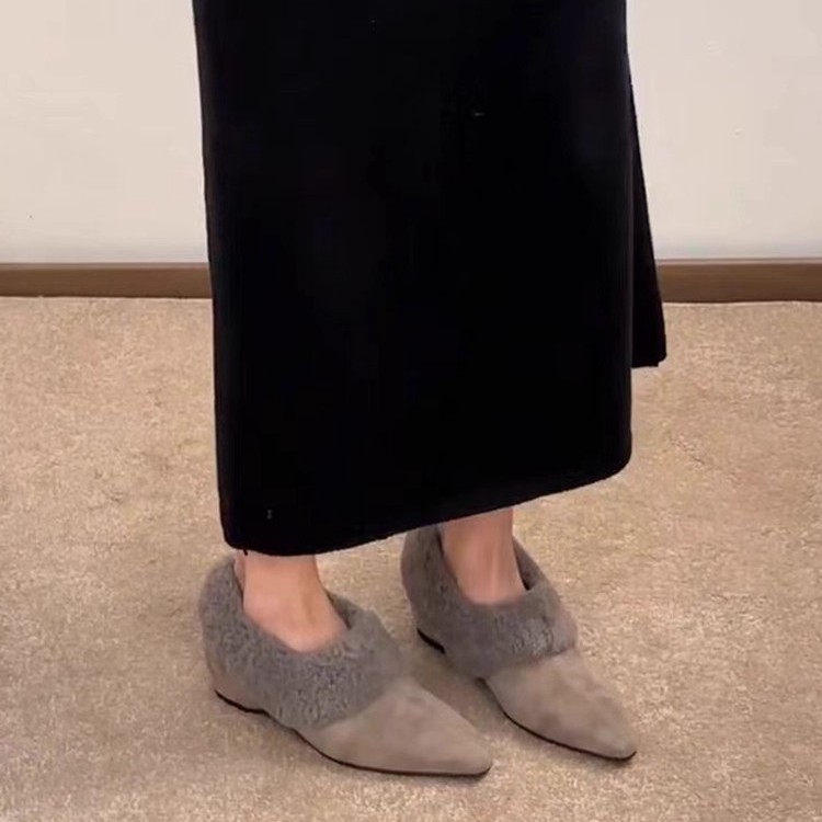 牛皮版~一脚蹬灰色尖头毛毛鞋女冬季内增高加绒单鞋2024新款棉鞋