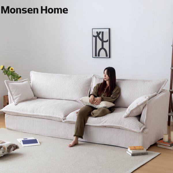 MonsenHome多人位沙发灯芯绒奶油风客厅北欧现代简约落地布艺沙发