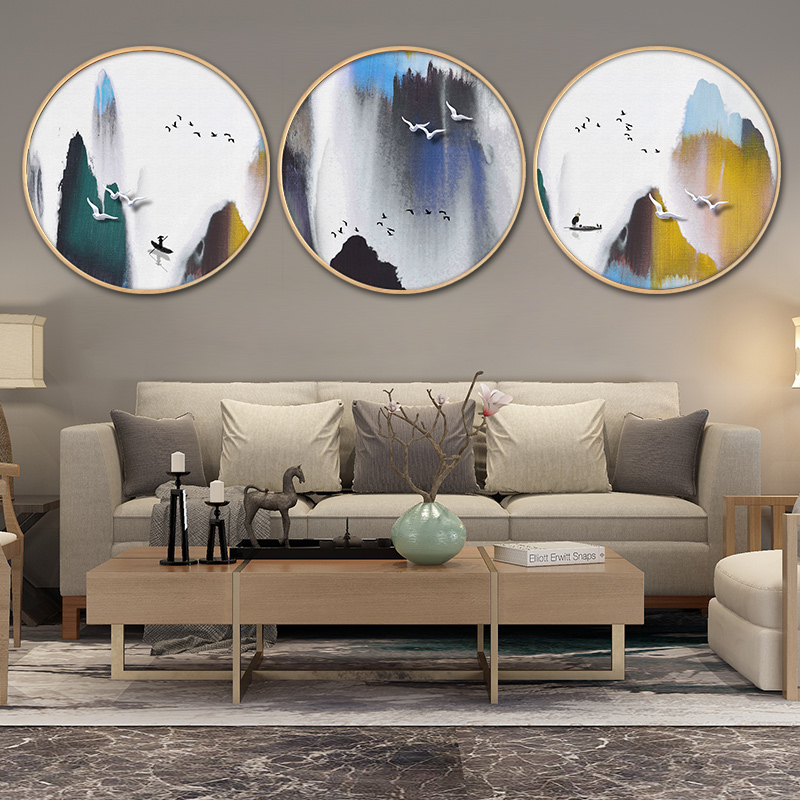 新中式壁画餐厅圆形客厅装饰画玄关挂画意境山水画中国风艺术挂画图片