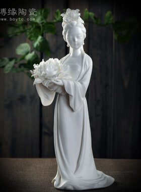 古典牡丹白瓷女人物化仙花卉 摆件 德美女雕塑礼品摆件收藏仕子
