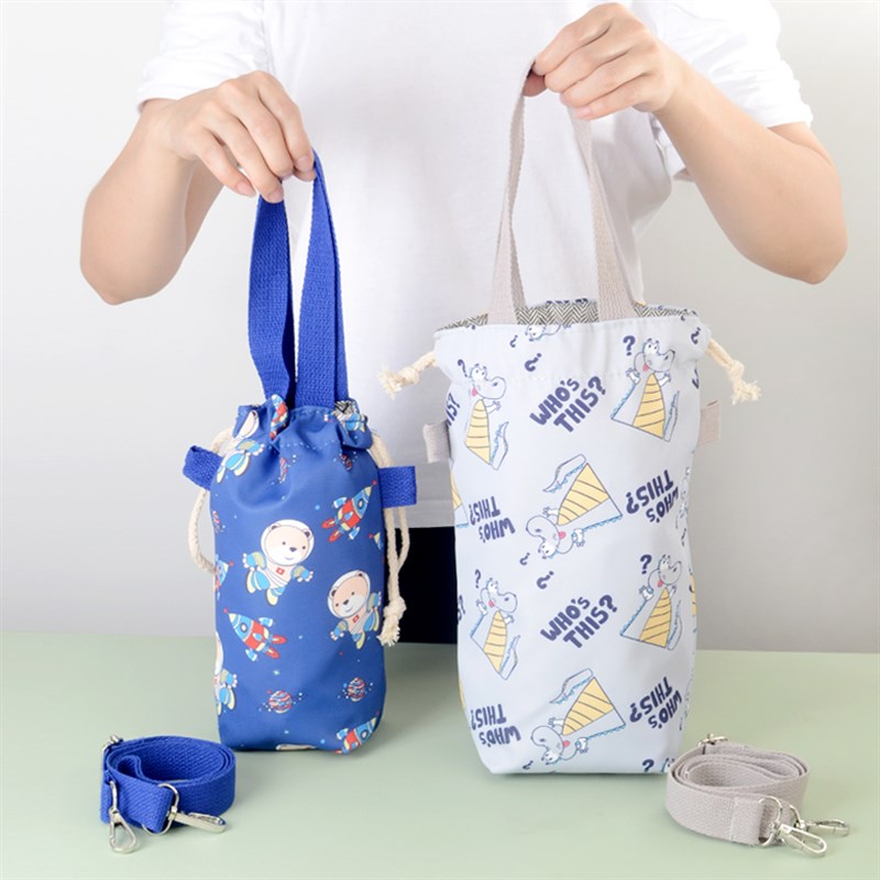 斜挎防水水杯袋手j提大容量双层束口抽绳保温水壶套收纳袋背带单